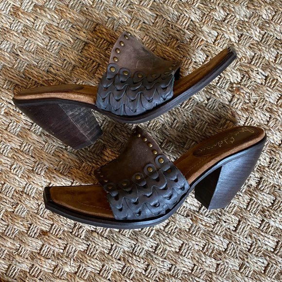 SAM EDELMAN Golden Eagle Woven Leather Mules Stacked Heel Sandals Square Toe 9.5 - Picture 4 of 5